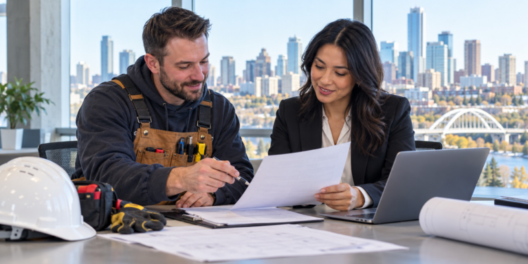 Skilled trades worker and adviser review a job offer in an Edmonton office