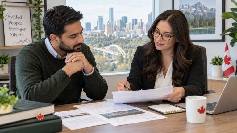 Alberta immigration consultant reviewing AAIP documents with a skilled worker in Edmonton.